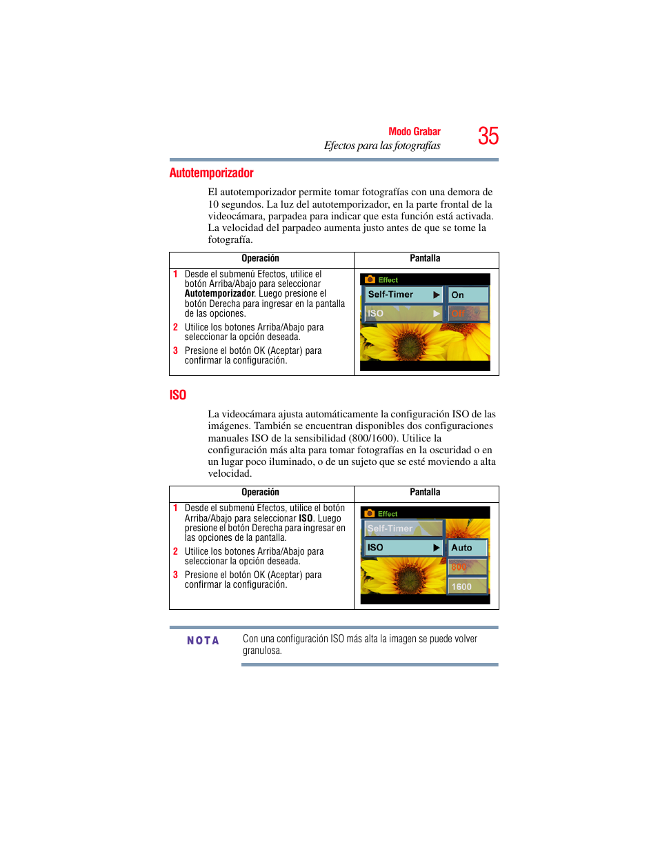 Autotemporizador, Autotemporizador iso | Toshiba Camileo S20 User Manual | Page 104 / 138