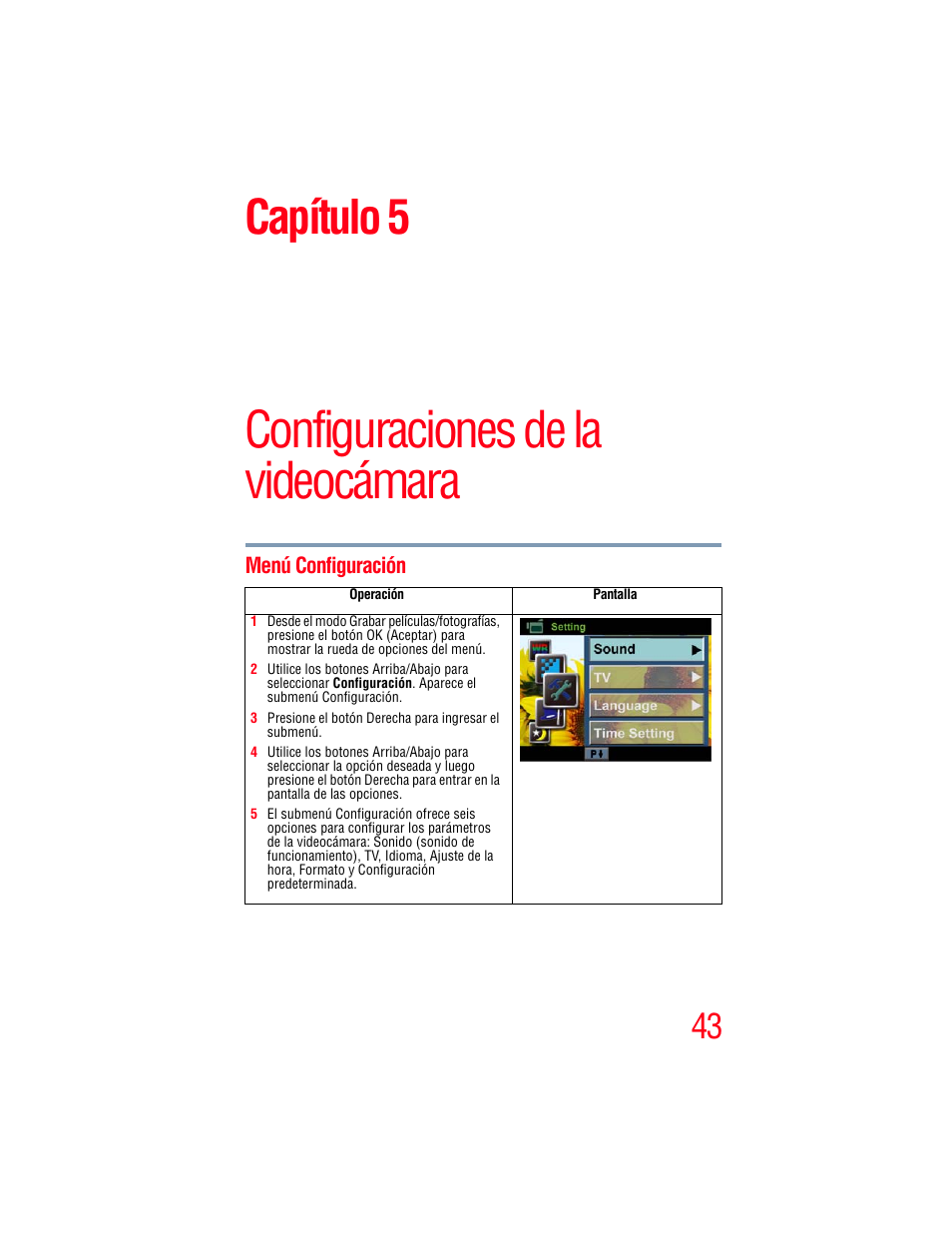 Capítulo 5: configuraciones de la videocámara, Menú configuración, Configuraciones de la videocámara | Capítulo 5 | Toshiba Camileo S20 User Manual | Page 112 / 138