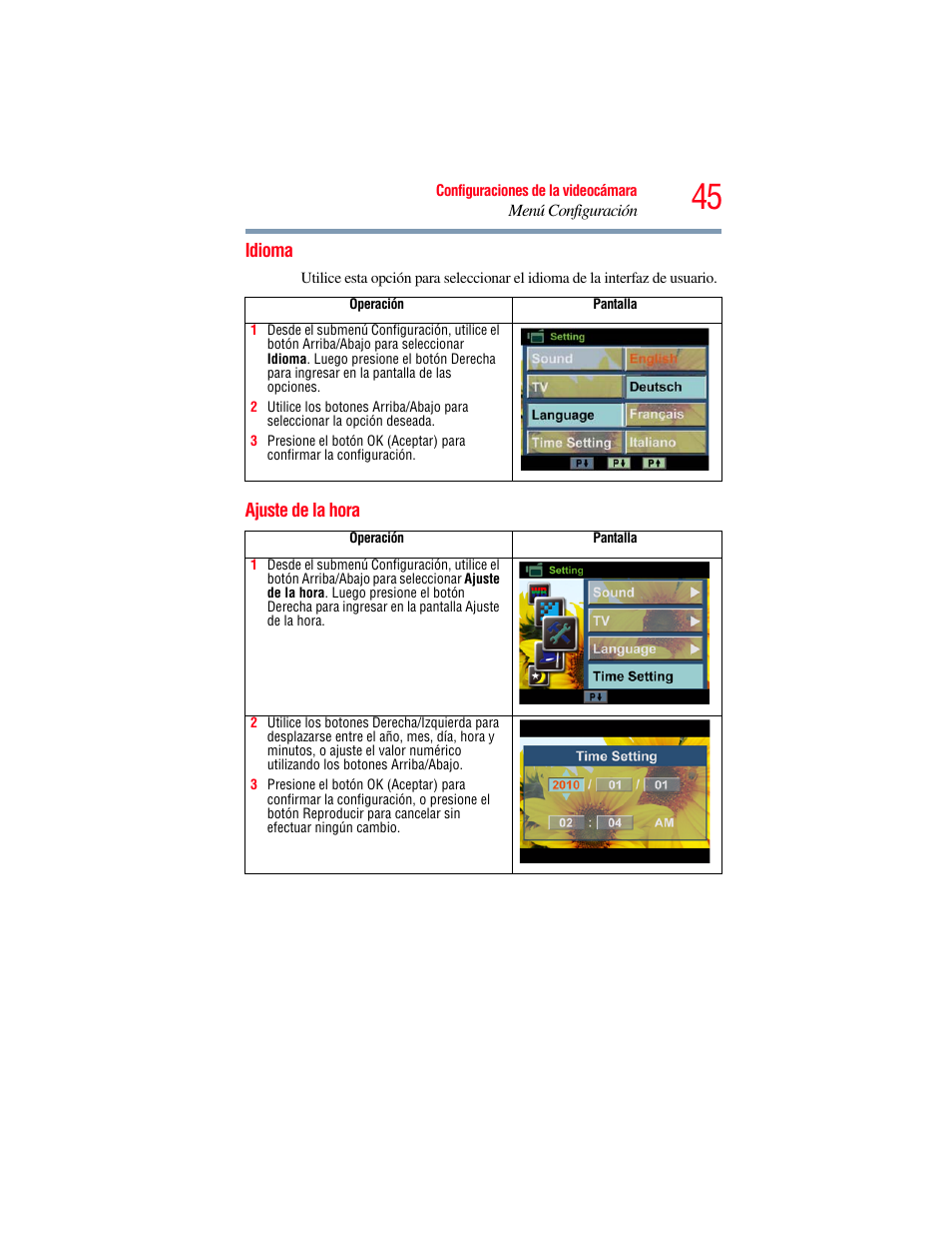 Idioma, Ajuste de la hora | Toshiba Camileo S20 User Manual | Page 114 / 138