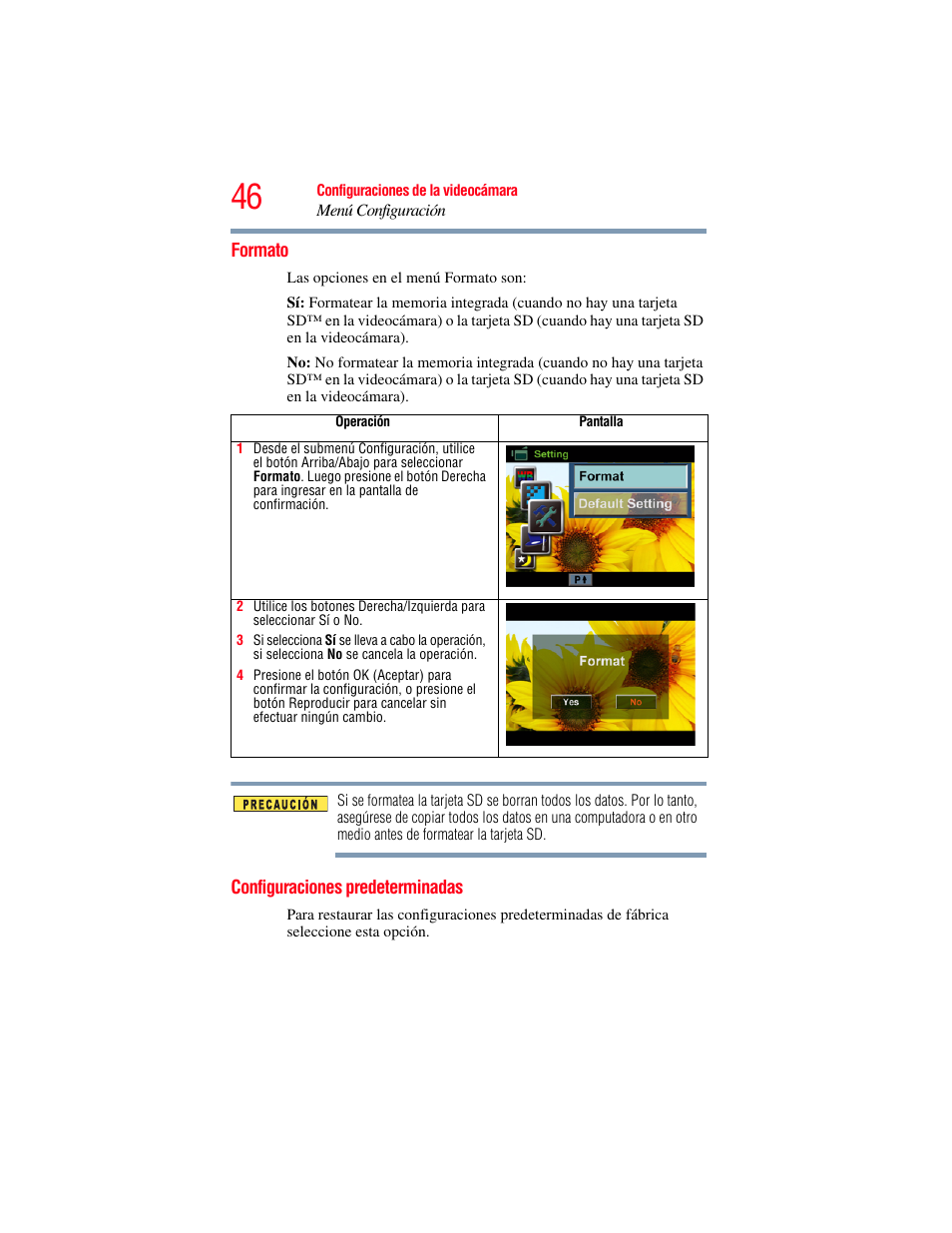 Formato, Configuraciones predeterminadas, Formato configuraciones predeterminadas | Toshiba Camileo S20 User Manual | Page 115 / 138