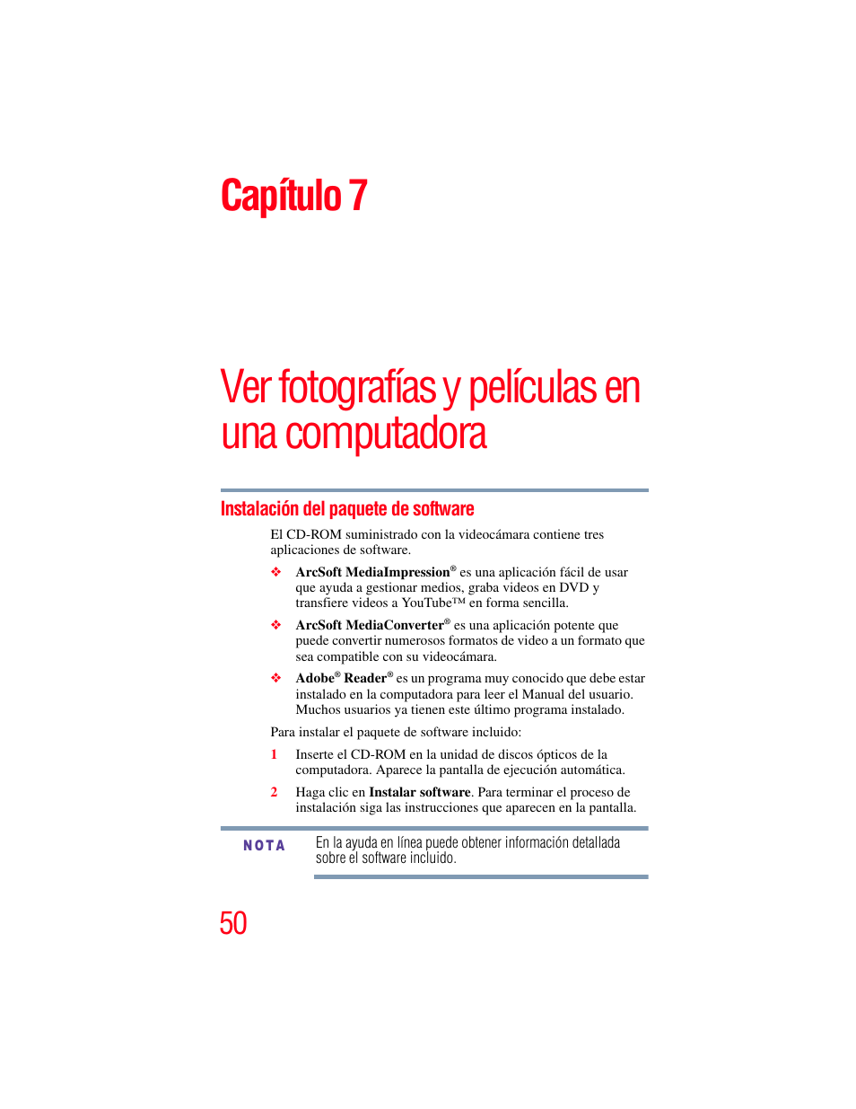 Instalación del paquete de software, Ver fotografías y películas en una computadora, Capítulo 7 | Toshiba Camileo S20 User Manual | Page 119 / 138