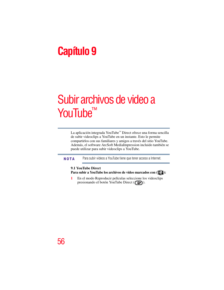 Capítulo 9: subir archivos de video a youtube, Subir archivos de video a youtube, Capítulo 9 | Toshiba Camileo S20 User Manual | Page 125 / 138