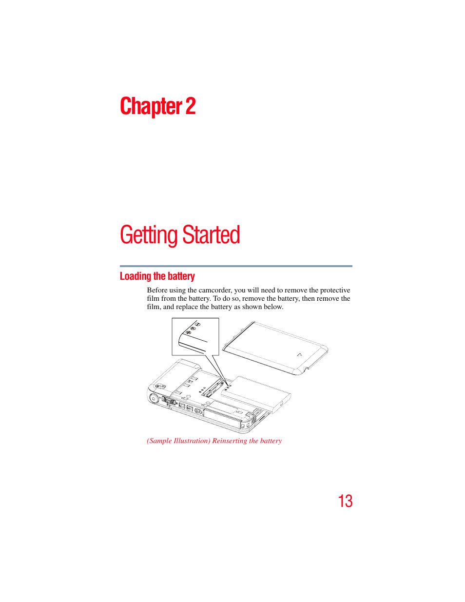 Chapter 2: getting started, Loading the battery, Getting started | Chapter 2 | Toshiba Camileo S20 User Manual | Page 13 / 138