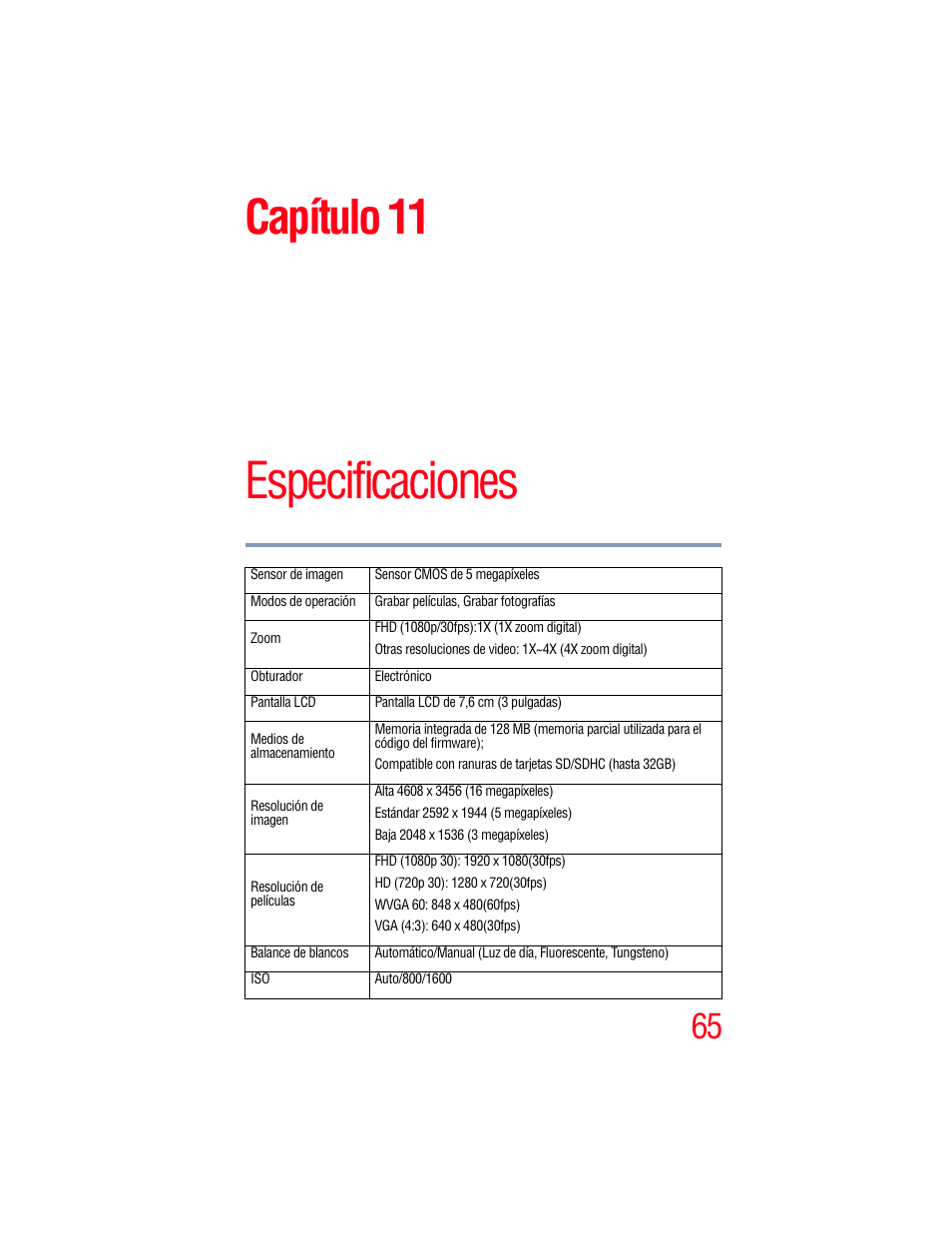 Capítulo 11: especificaciones, Especificaciones, Capítulo 11 | Toshiba Camileo S20 User Manual | Page 134 / 138