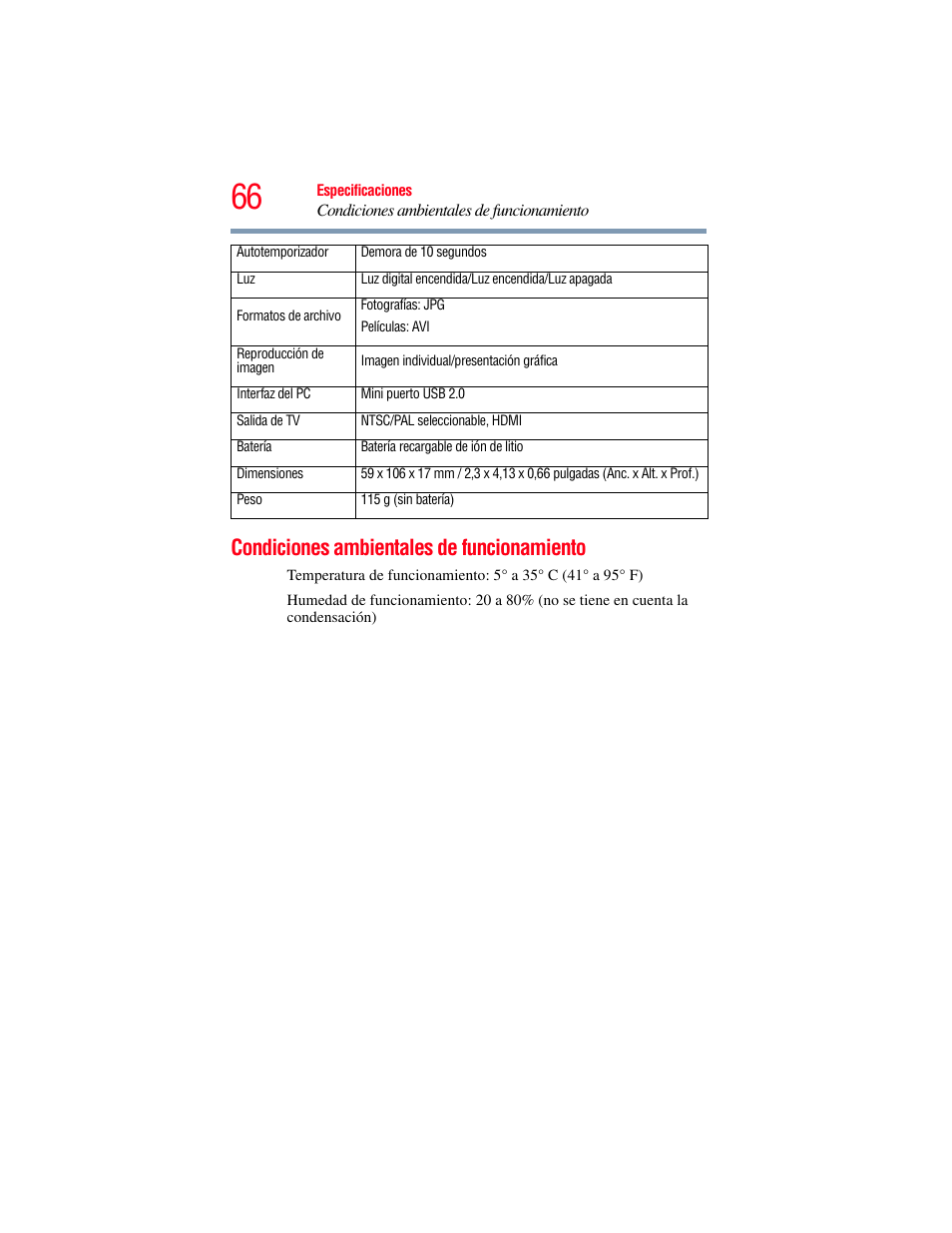 Condiciones ambientales de funcionamiento | Toshiba Camileo S20 User Manual | Page 135 / 138