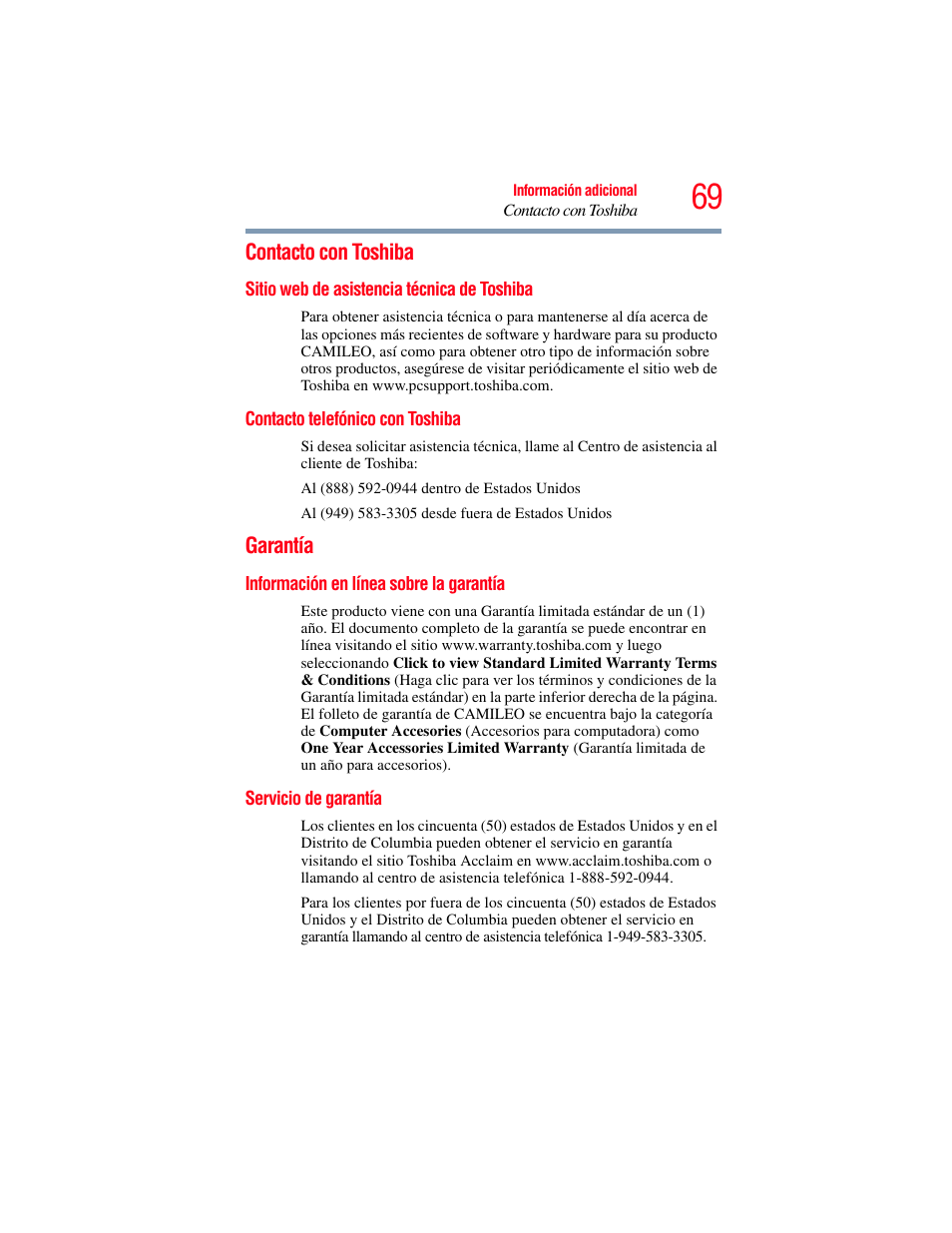 Contacto con toshiba, Sitio web de asistencia técnica de toshiba, Contacto telefónico con toshiba | Garantía, Información en línea sobre la garantía, Servicio de garantía | Toshiba Camileo S20 User Manual | Page 138 / 138