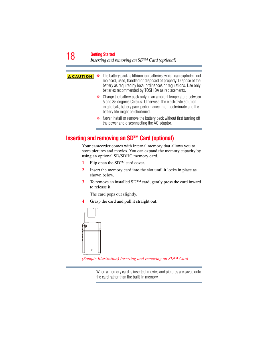 Inserting and removing an sd™ card (optional) | Toshiba Camileo S20 User Manual | Page 18 / 138
