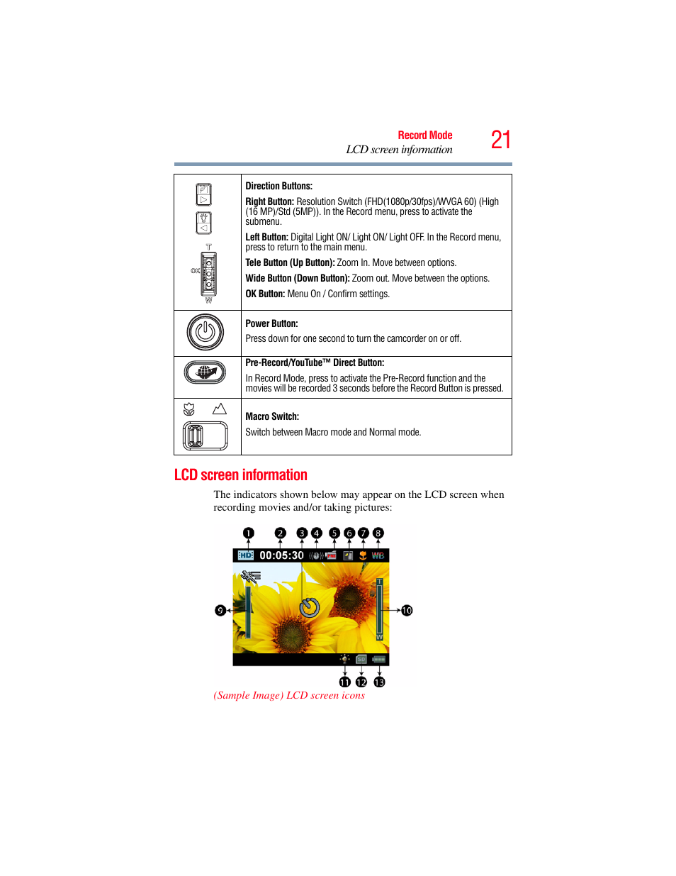 Lcd screen information | Toshiba Camileo S20 User Manual | Page 21 / 138