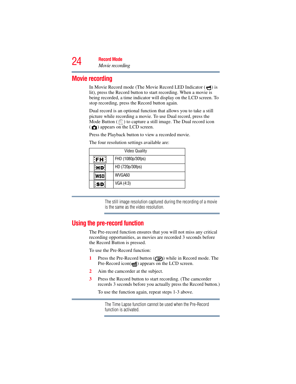 Movie recording, Using the pre-record function | Toshiba Camileo S20 User Manual | Page 24 / 138