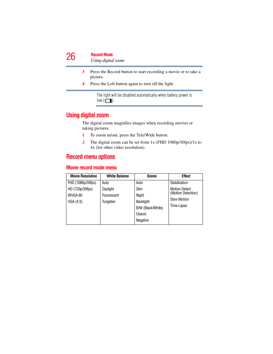 Using digital zoom, Record menu options, Movie record mode menu | Using digital zoom record menu options | Toshiba Camileo S20 User Manual | Page 26 / 138