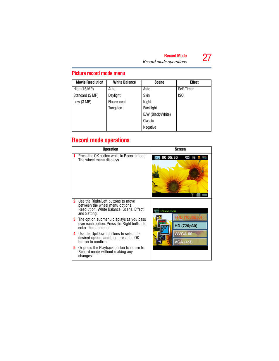 Picture record mode menu, Record mode operations | Toshiba Camileo S20 User Manual | Page 27 / 138