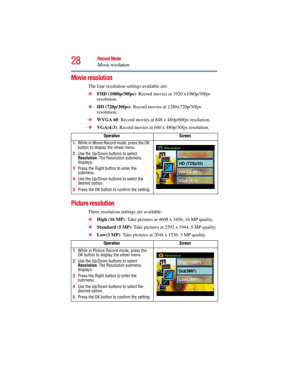 Movie resolution, Picture resolution, Movie resolution picture resolution | Toshiba Camileo S20 User Manual | Page 28 / 138