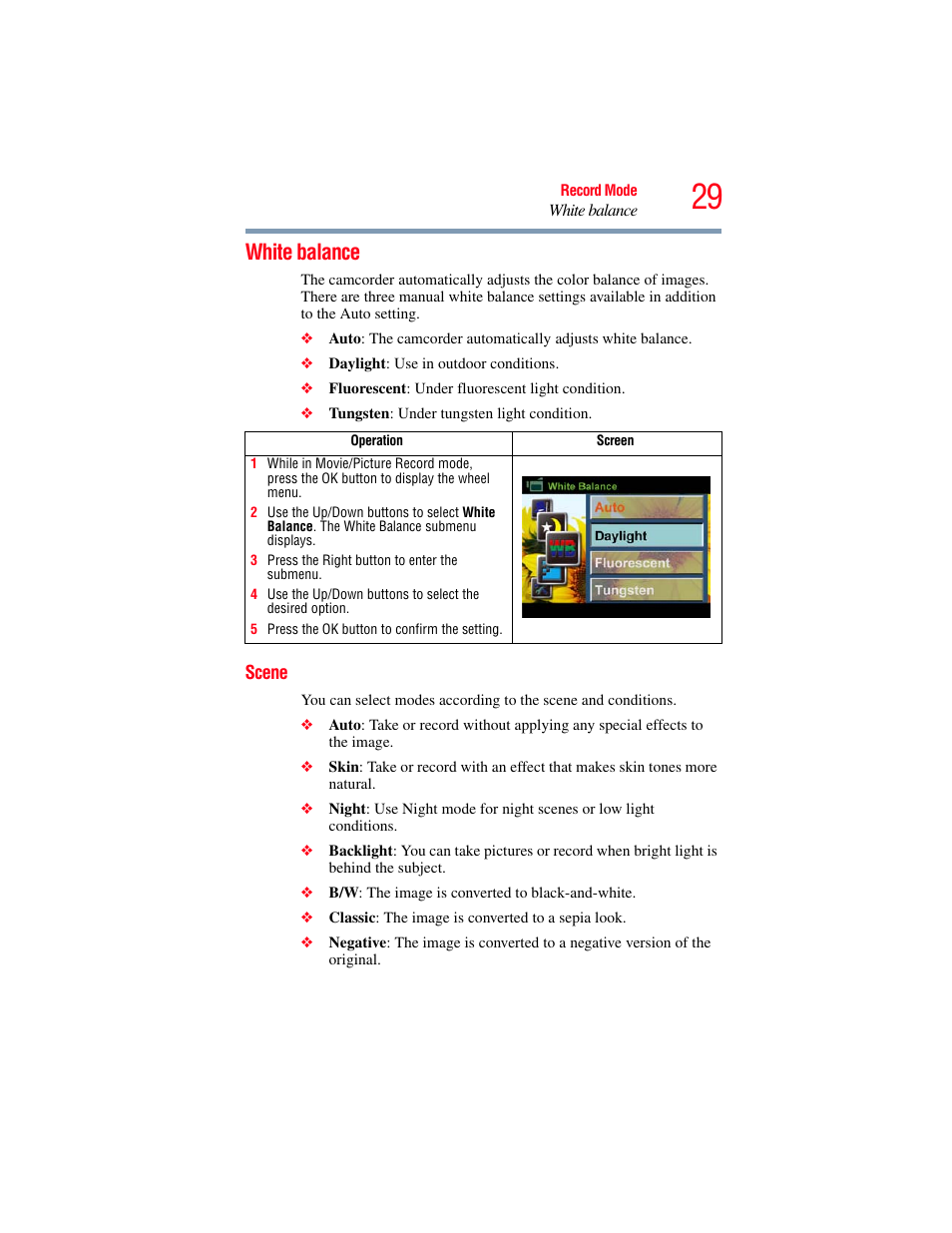 White balance, Scene | Toshiba Camileo S20 User Manual | Page 29 / 138