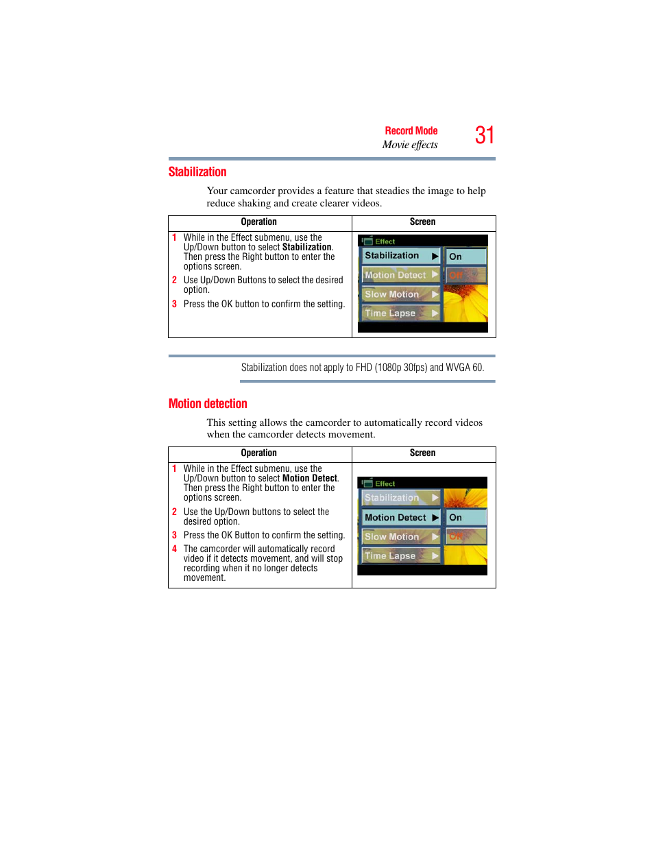 Stabilization, Motion detection, Stabilization motion detection | Toshiba Camileo S20 User Manual | Page 31 / 138