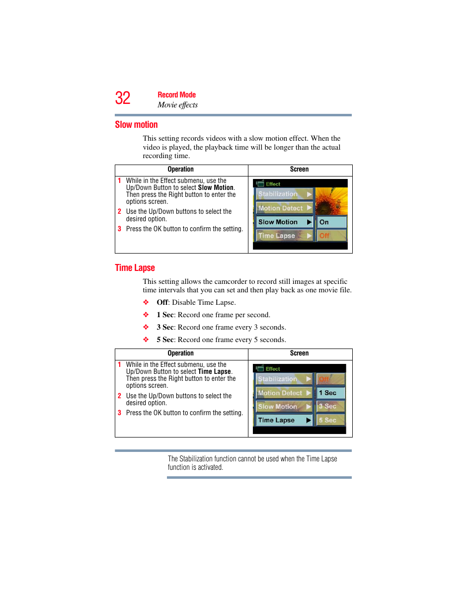 Slow motion, Time lapse, Slow motion time lapse | Toshiba Camileo S20 User Manual | Page 32 / 138