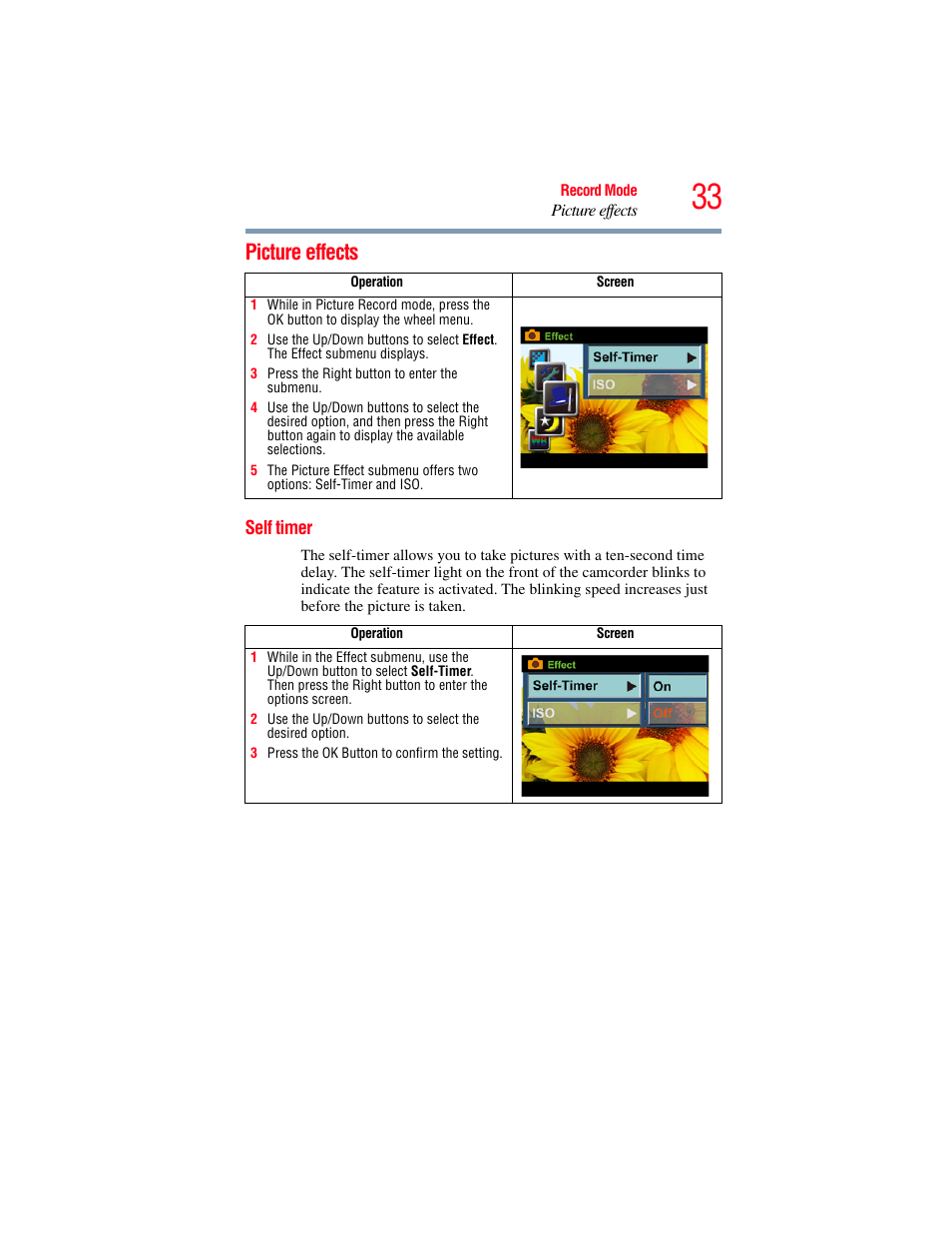 Picture effects, Self timer | Toshiba Camileo S20 User Manual | Page 33 / 138
