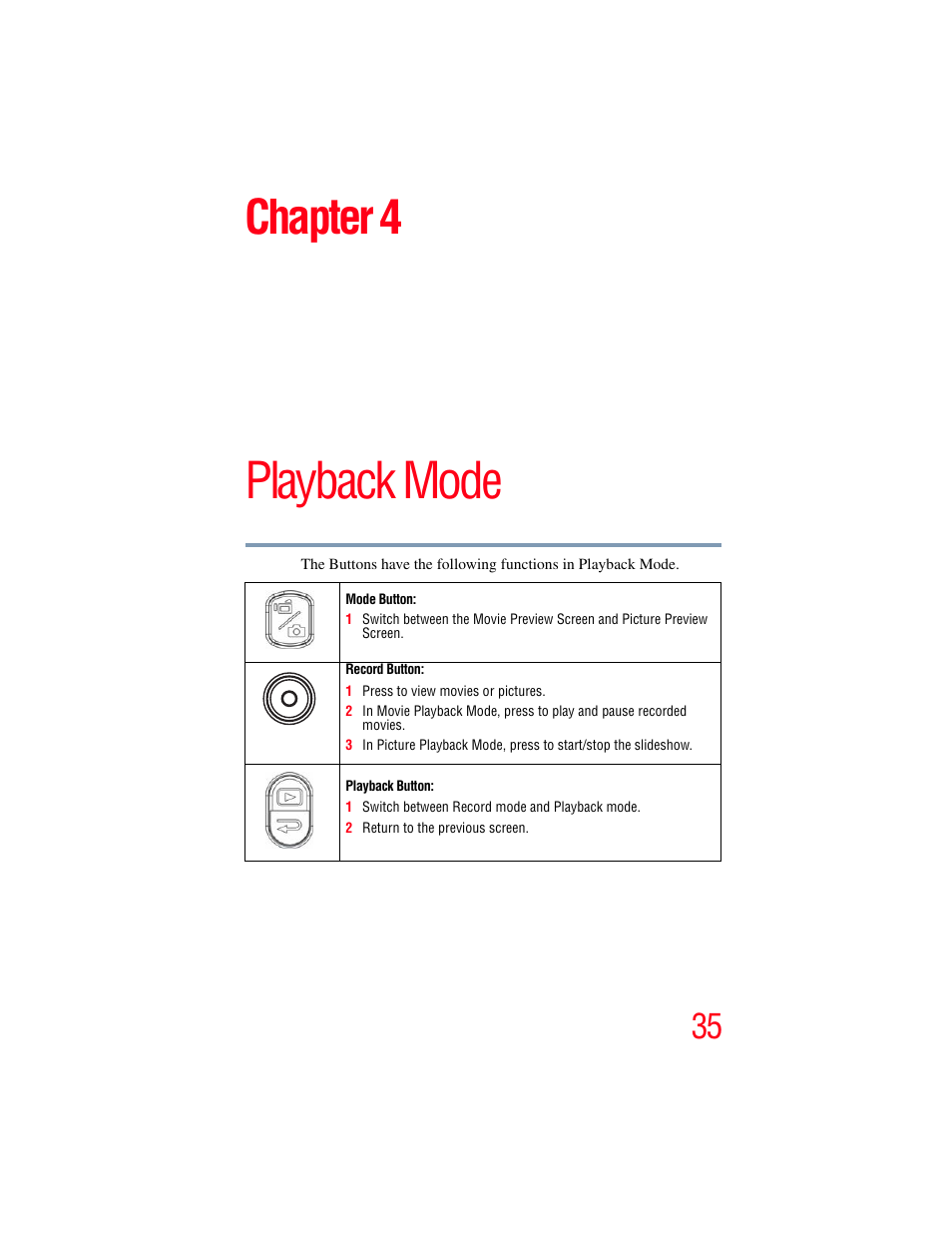 Chapter 4: playback mode, Playback mode, Chapter 4 | Toshiba Camileo S20 User Manual | Page 35 / 138