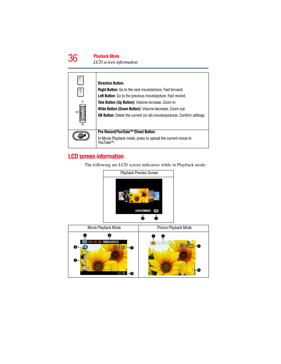 Lcd screen information | Toshiba Camileo S20 User Manual | Page 36 / 138