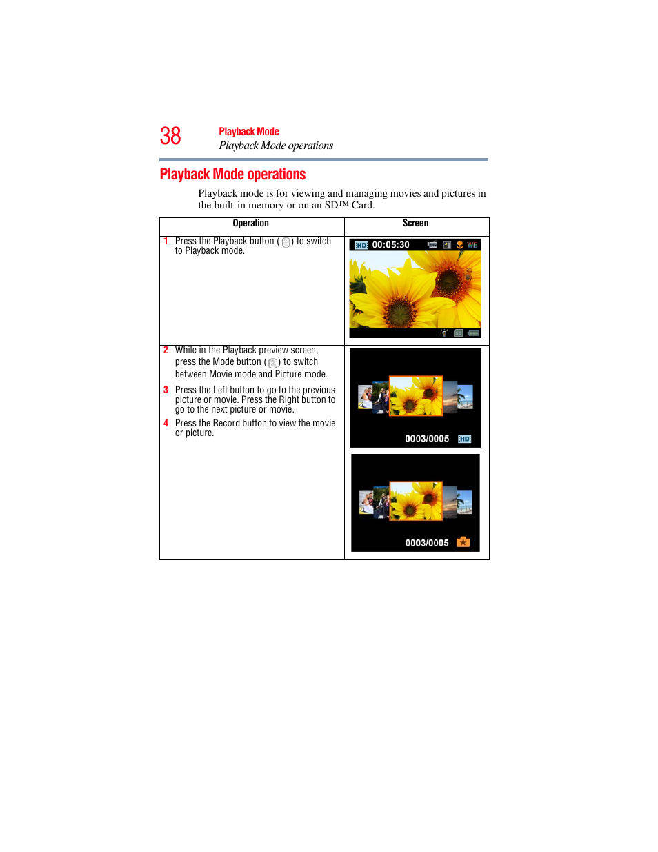 Playback mode operations | Toshiba Camileo S20 User Manual | Page 38 / 138
