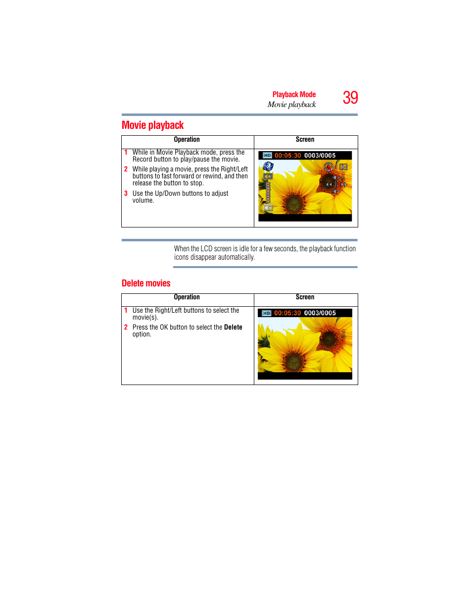 Movie playback, Delete movies | Toshiba Camileo S20 User Manual | Page 39 / 138