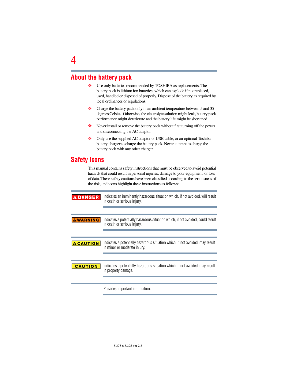 About the battery pack, Safety icons | Toshiba Camileo S20 User Manual | Page 4 / 138
