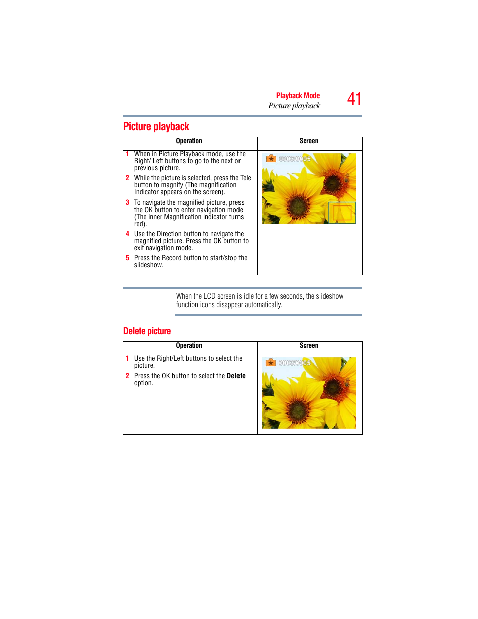 Picture playback, Delete picture | Toshiba Camileo S20 User Manual | Page 41 / 138