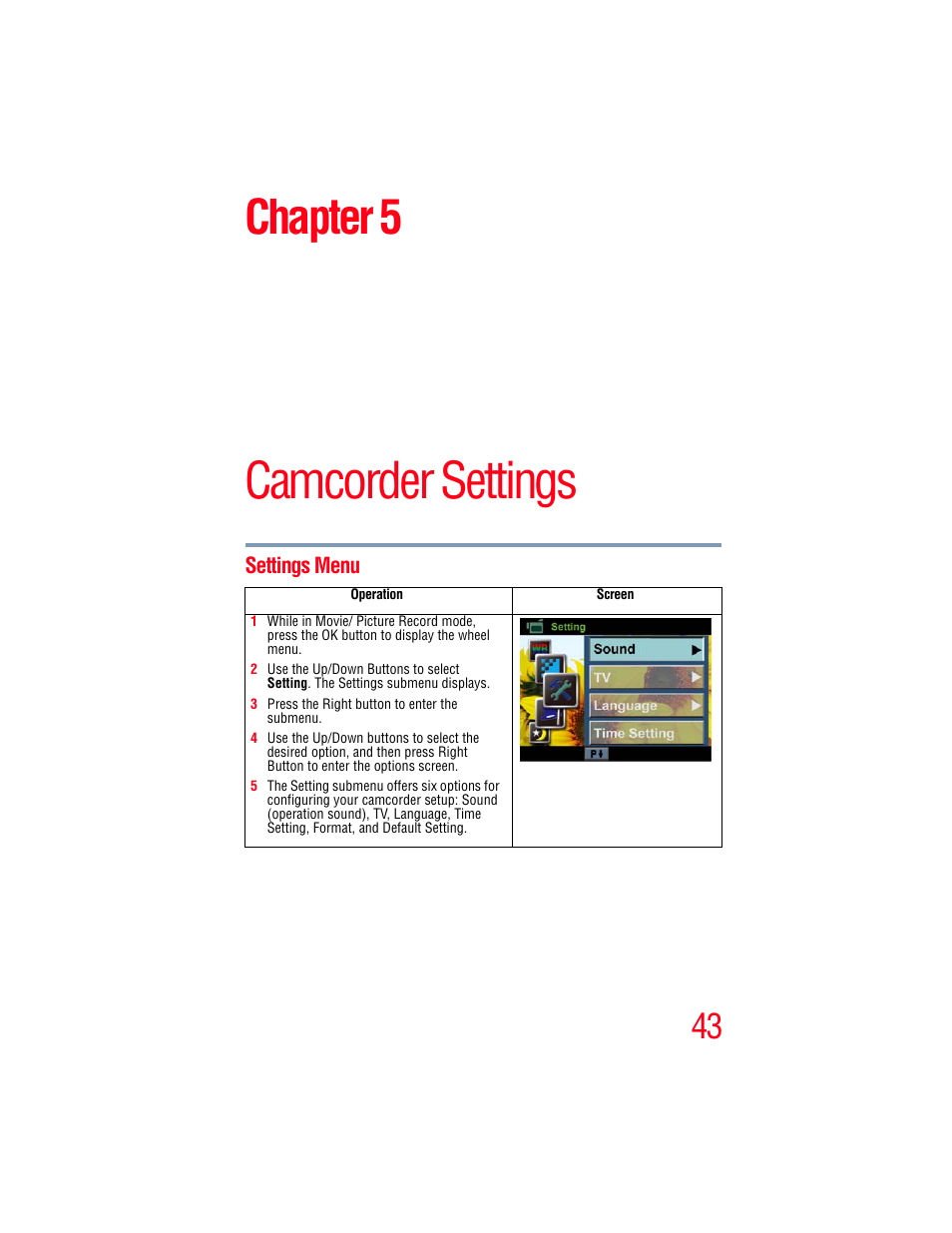 Chapter 5: camcorder settings, Settings menu, Camcorder settings | Chapter 5 | Toshiba Camileo S20 User Manual | Page 43 / 138