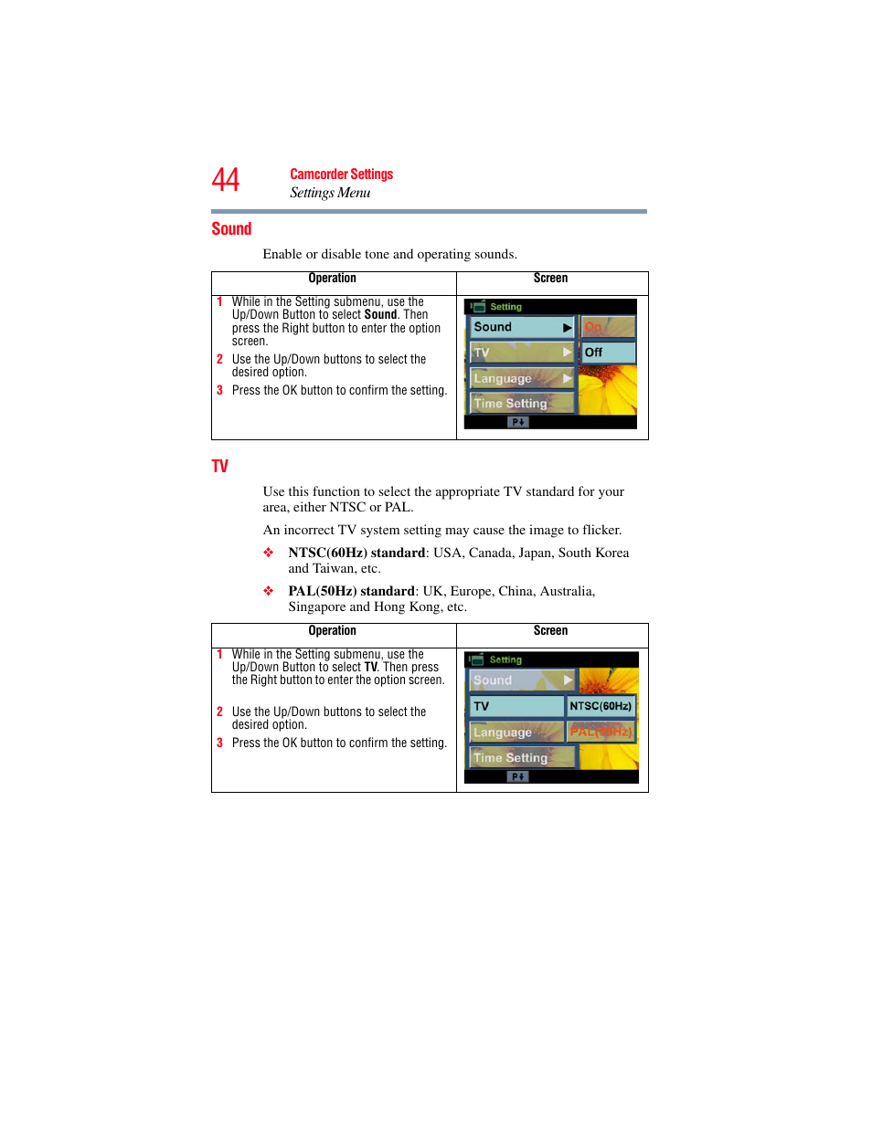 Sound, Sound tv | Toshiba Camileo S20 User Manual | Page 44 / 138