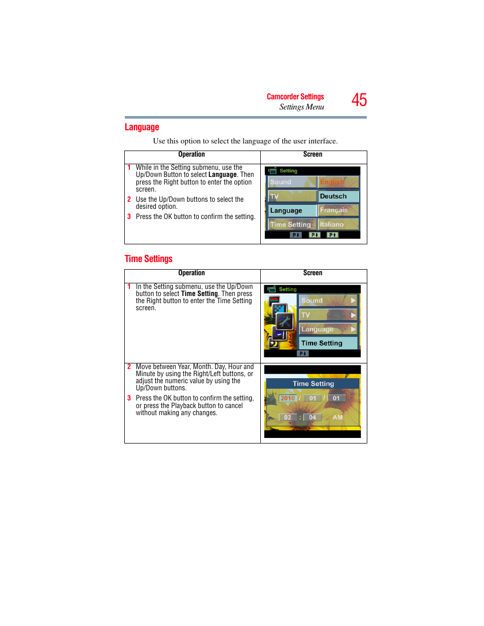 Language, Time settings, Language time settings | Toshiba Camileo S20 User Manual | Page 45 / 138