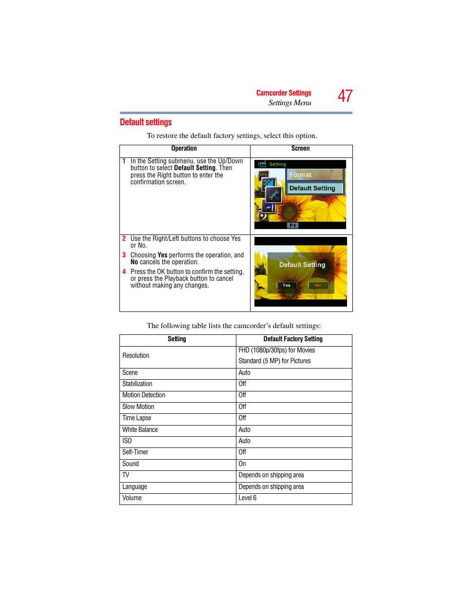Default settings | Toshiba Camileo S20 User Manual | Page 47 / 138