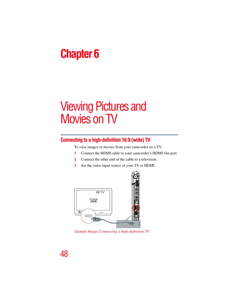 Chapter 6: viewing pictures and movies on tv, Connecting to a high-definition 16:9 (wide) tv, Chapter 6: viewing pictures and | Movies on tv, Viewing pictures and movies on tv, Chapter 6 | Toshiba Camileo S20 User Manual | Page 48 / 138