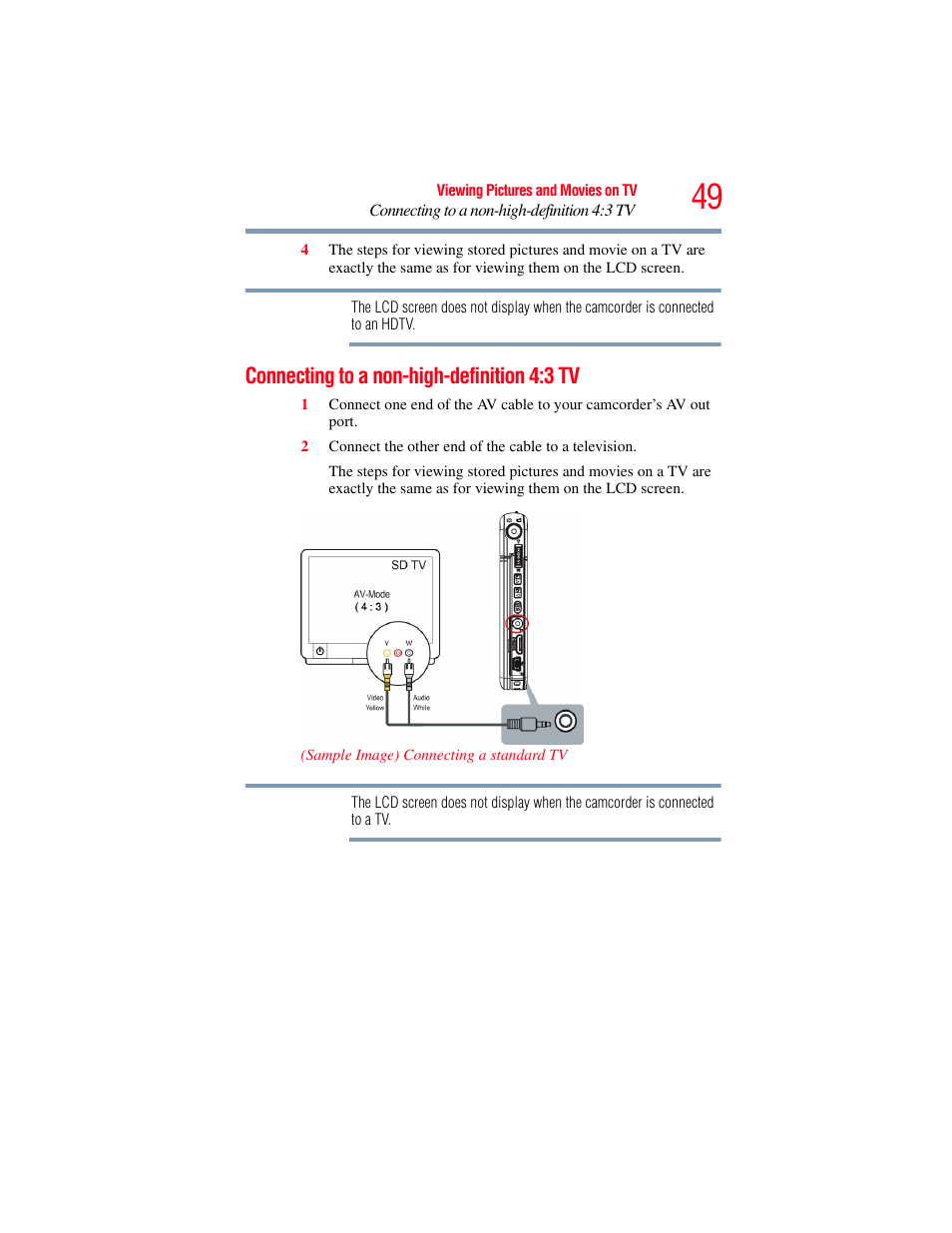 Connecting to a non-high-definition 4:3 tv | Toshiba Camileo S20 User Manual | Page 49 / 138