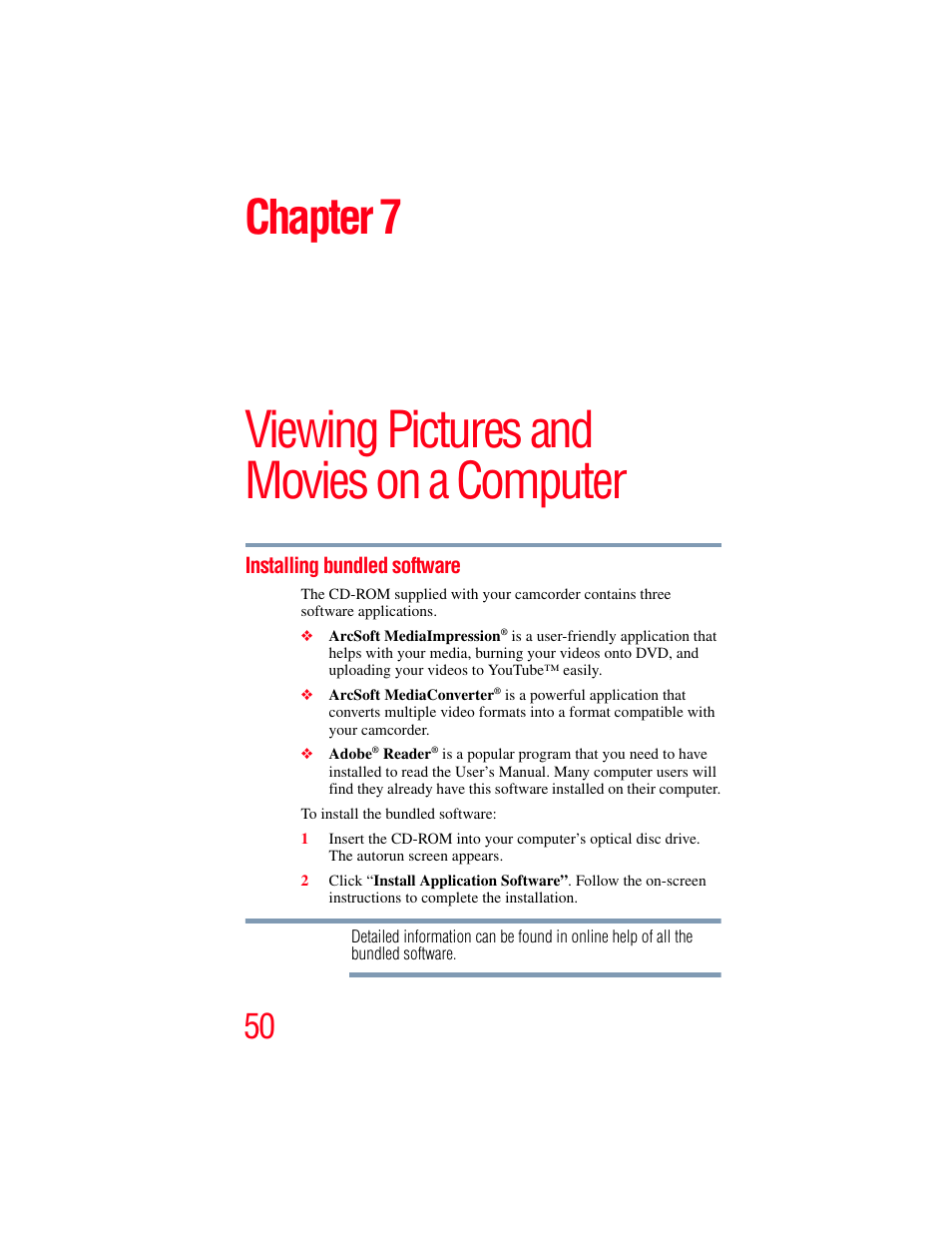 Installing bundled software, Chapter 7: viewing pictures and, Movies on a computer | Viewing pictures and movies on a computer, Chapter 7 | Toshiba Camileo S20 User Manual | Page 50 / 138