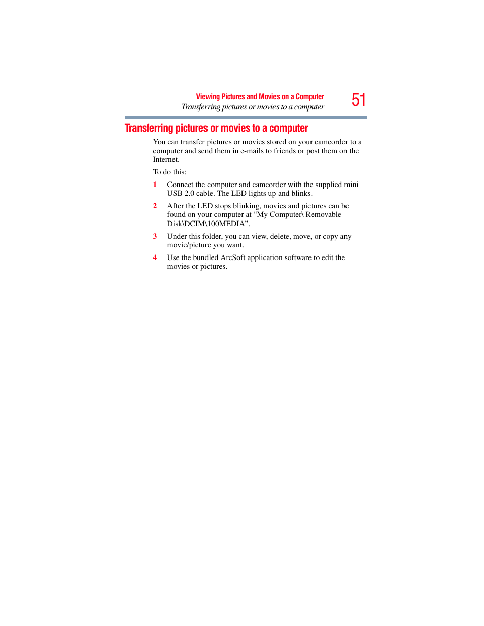 Transferring pictures or movies to a computer | Toshiba Camileo S20 User Manual | Page 51 / 138