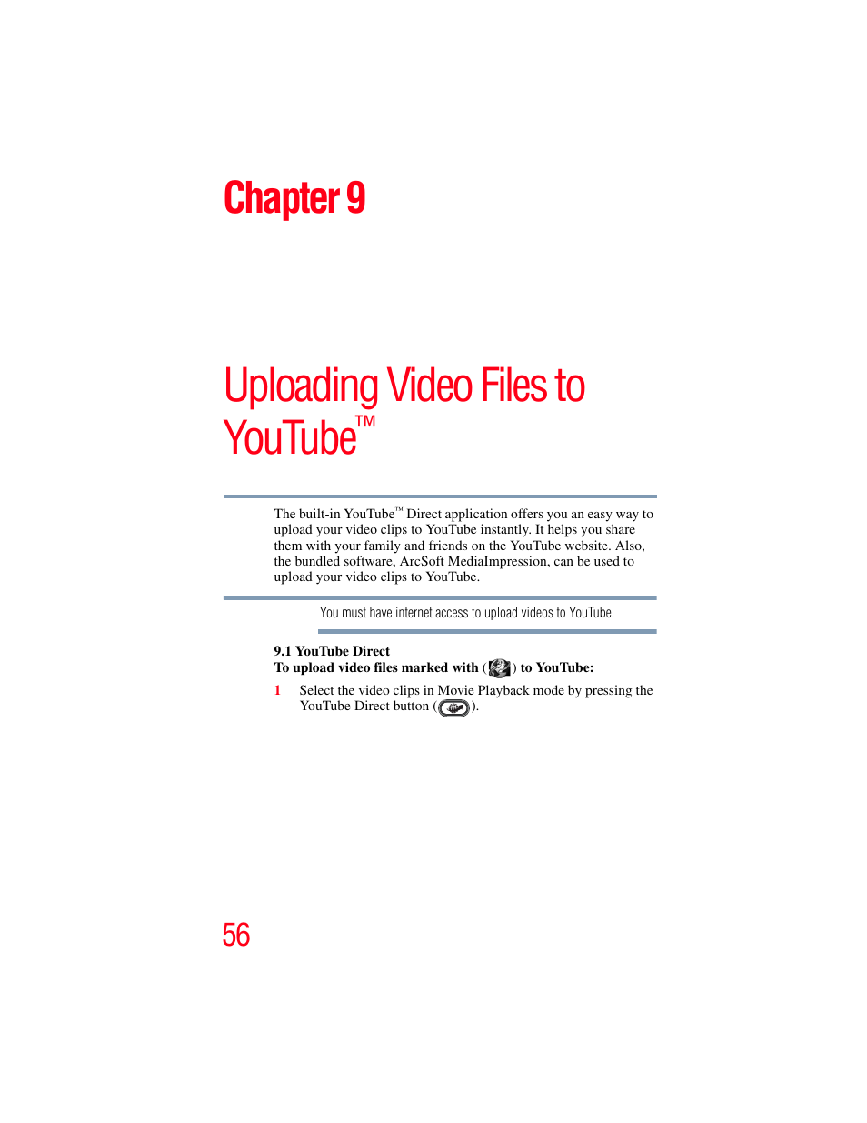 Chapter 9: uploading video files to youtube, Uploading video files to youtube, Chapter 9 | Toshiba Camileo S20 User Manual | Page 56 / 138