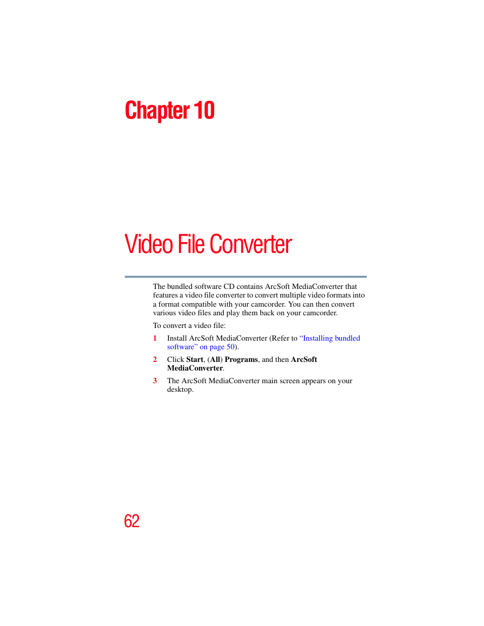 Chapter 10: video file converter, Video file converter, Chapter 10 | Toshiba Camileo S20 User Manual | Page 62 / 138