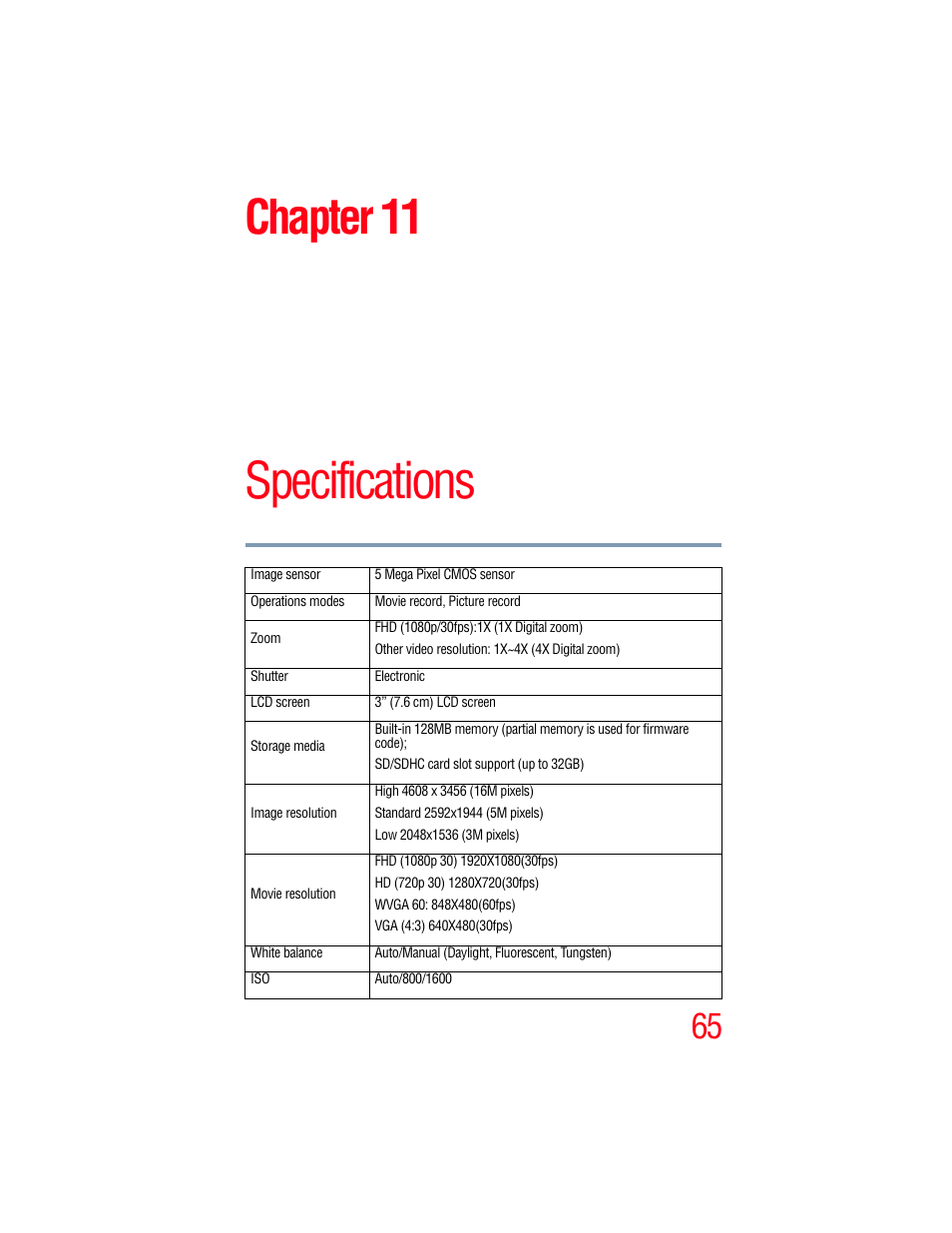 Chapter 11: specifications, Specifications, Chapter 11 | Toshiba Camileo S20 User Manual | Page 65 / 138
