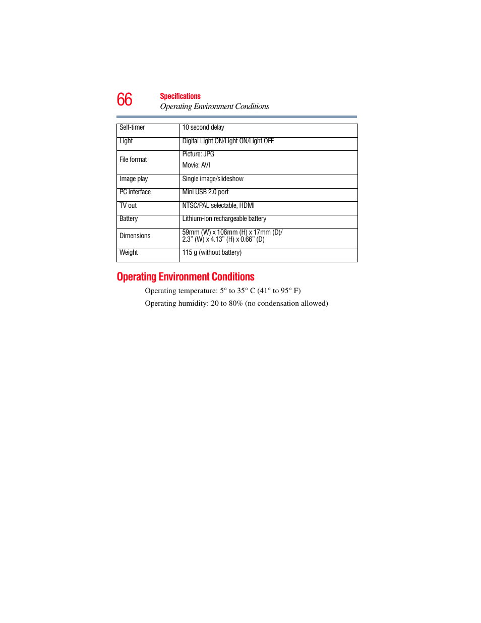 Operating environment conditions | Toshiba Camileo S20 User Manual | Page 66 / 138