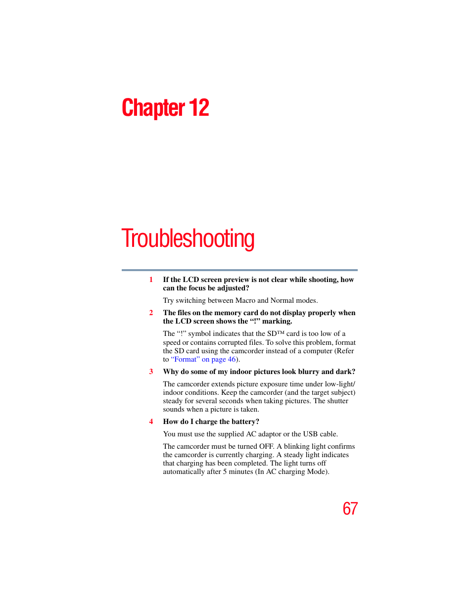Chapter 12: troubleshooting, Troubleshooting, Chapter 12 | Toshiba Camileo S20 User Manual | Page 67 / 138