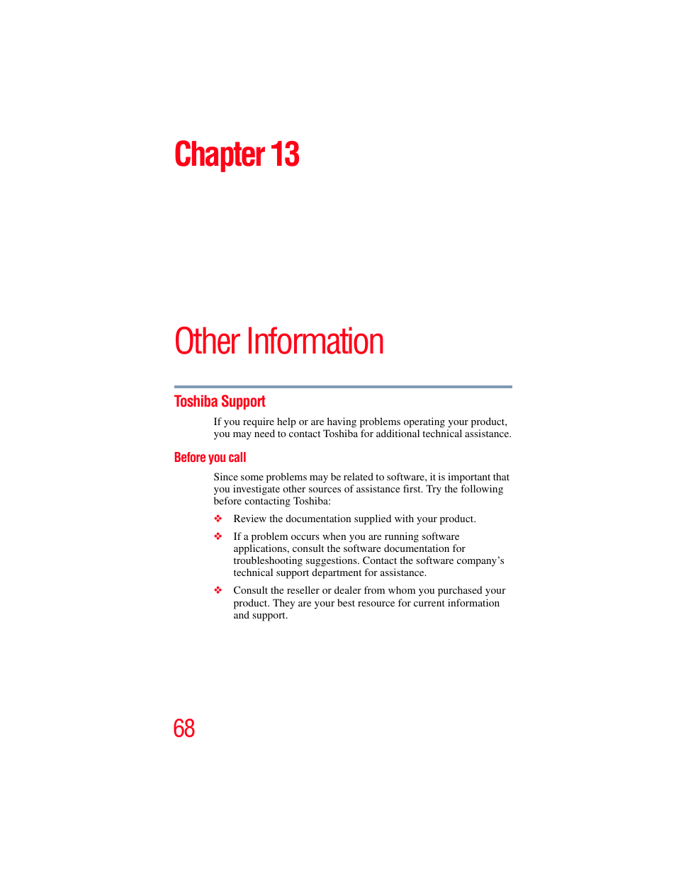 Chapter 13: other information, Toshiba support, Before you call | Other information, Chapter 13 | Toshiba Camileo S20 User Manual | Page 68 / 138