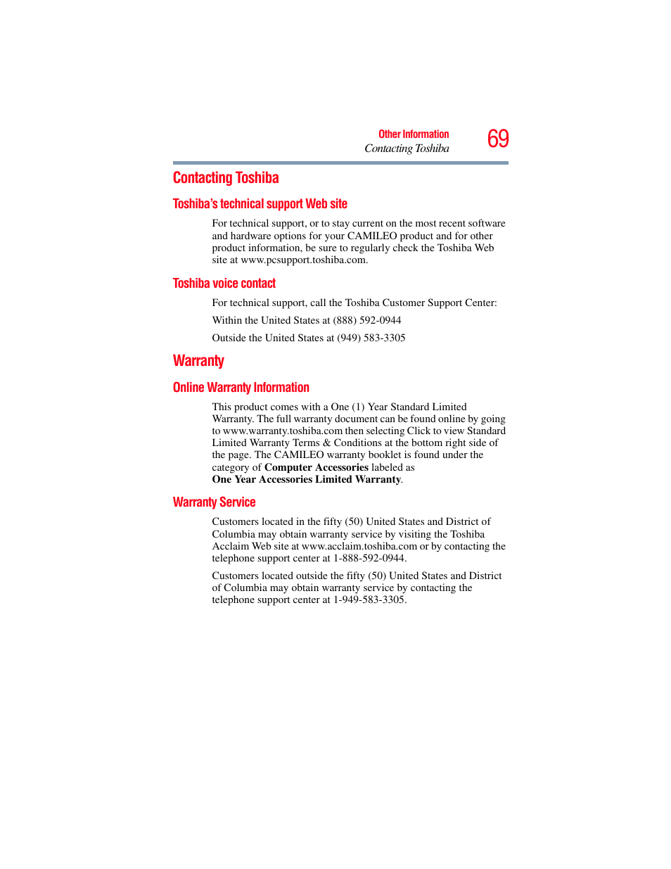 Contacting toshiba, Toshiba’s technical support web site, Toshiba voice contact | Warranty, Online warranty information, Warranty service, Online warranty information warranty service | Toshiba Camileo S20 User Manual | Page 69 / 138