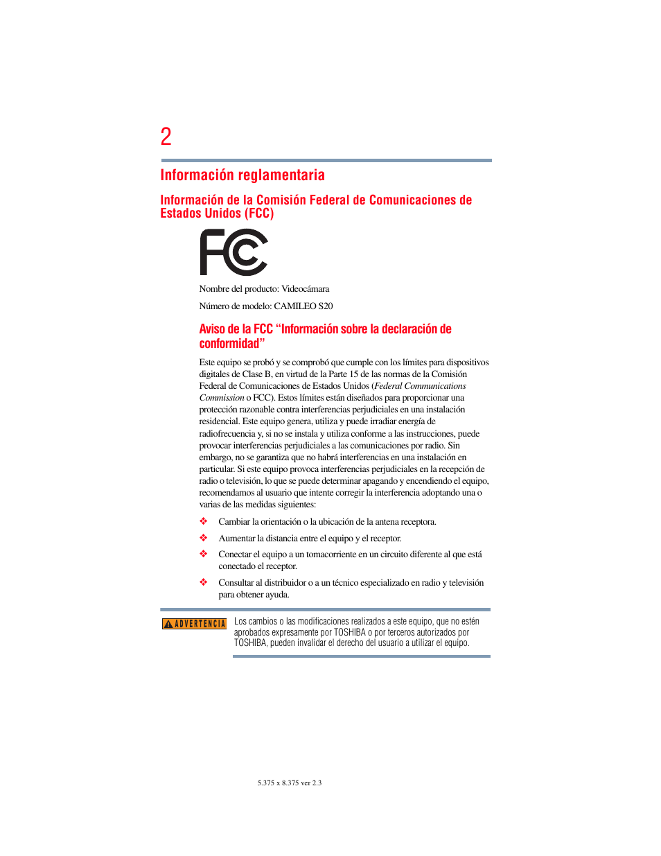 Información reglamentaria | Toshiba Camileo S20 User Manual | Page 71 / 138
