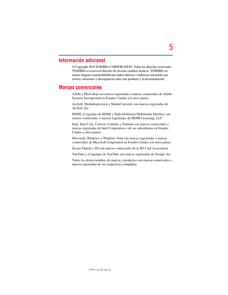 Información adicional, Marcas comerciales | Toshiba Camileo S20 User Manual | Page 74 / 138