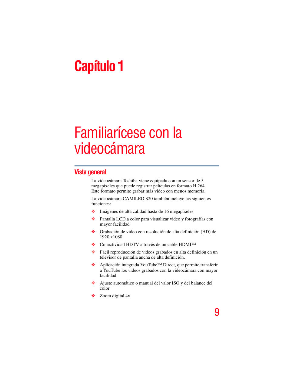 Capítulo 1: familiarícese con la videocámara, Vista general, Familiarícese con la videocámara | Capítulo 1 | Toshiba Camileo S20 User Manual | Page 78 / 138