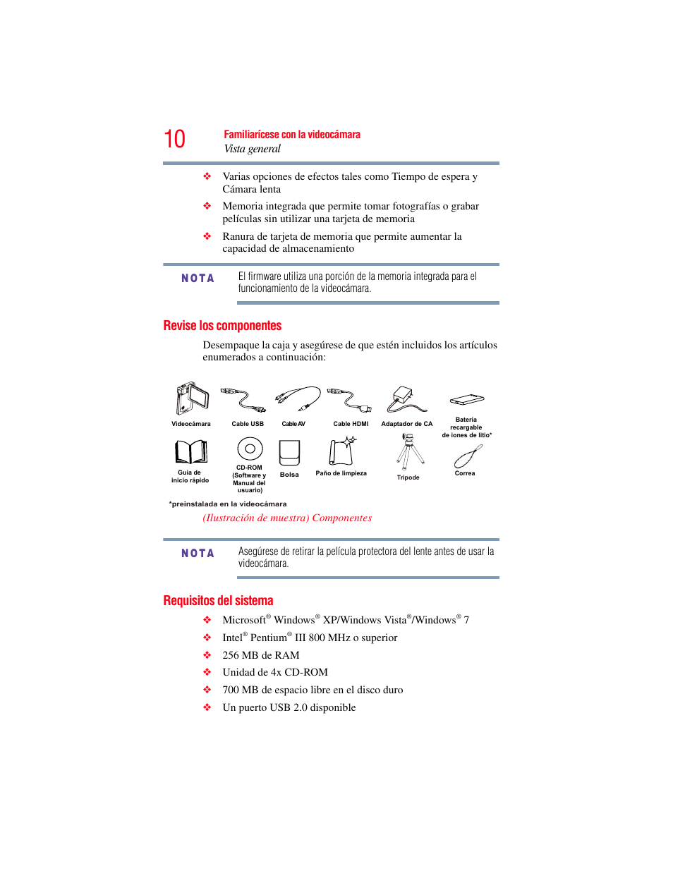Revise los componentes, Requisitos del sistema, Revise los componentes requisitos del sistema | Vista general | Toshiba Camileo S20 User Manual | Page 79 / 138
