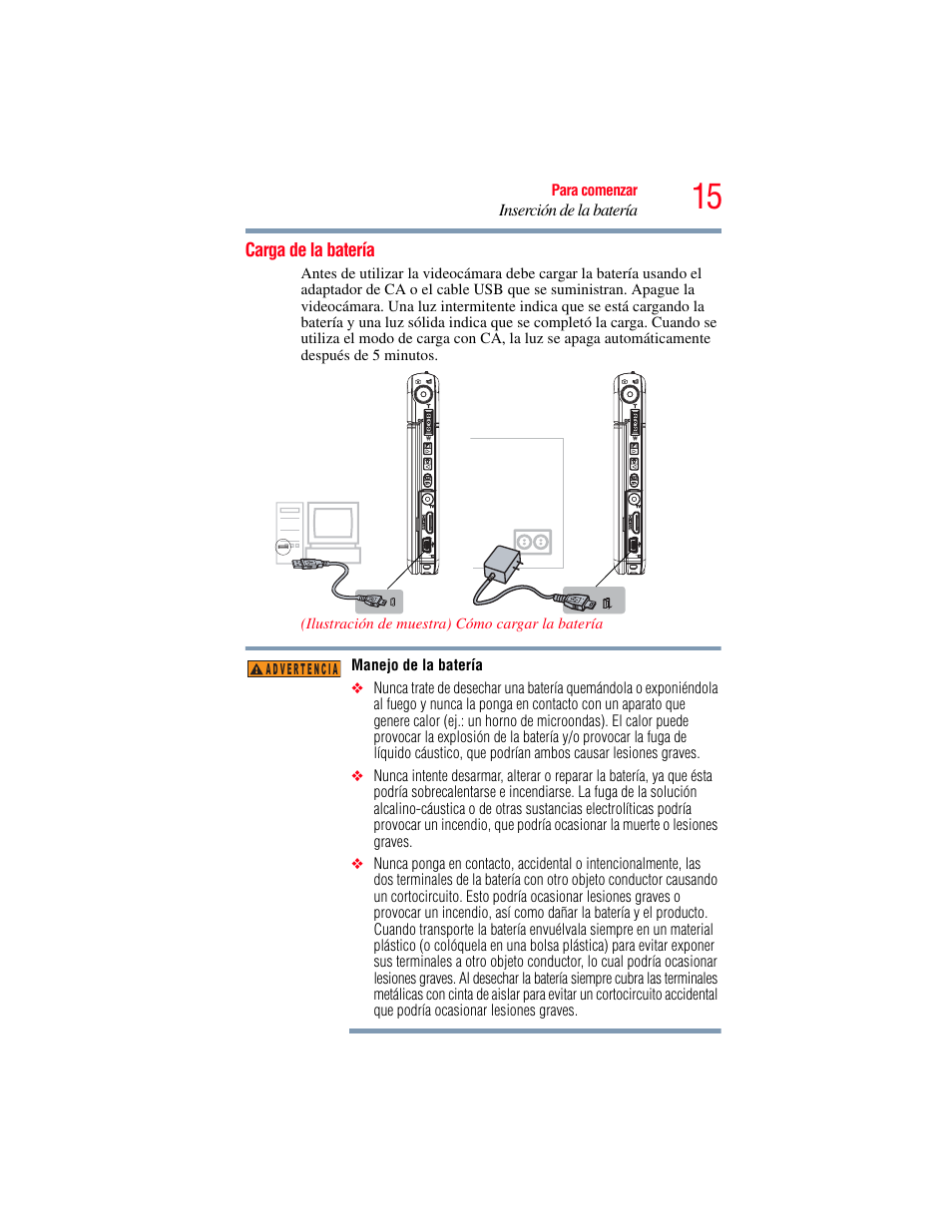 Carga de la batería | Toshiba Camileo S20 User Manual | Page 84 / 138
