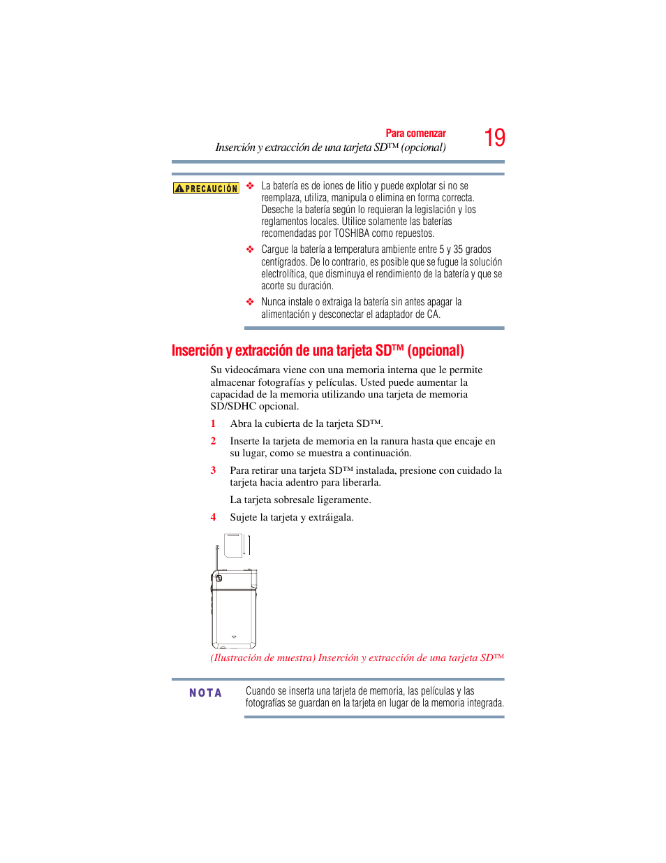 Inserción y extracción de una tarjeta sd, Opcional) | Toshiba Camileo S20 User Manual | Page 88 / 138