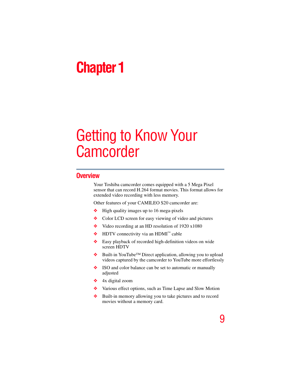 Chapter 1: getting to know your camcorder, Overview, Getting to know your camcorder | Chapter 1 | Toshiba Camileo S20 User Manual | Page 9 / 138