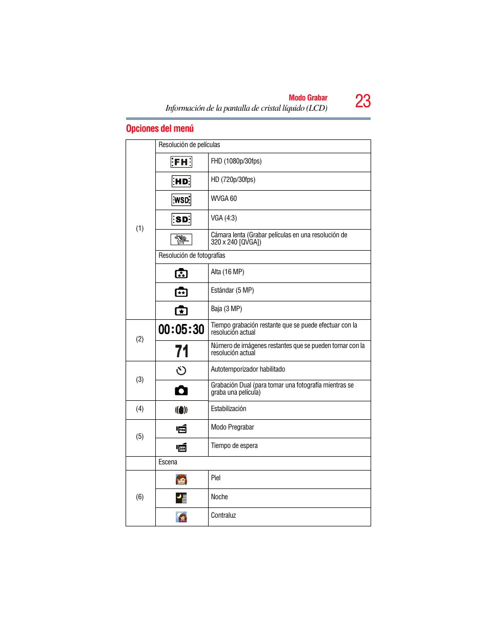 Opciones del menú | Toshiba Camileo S20 User Manual | Page 92 / 138