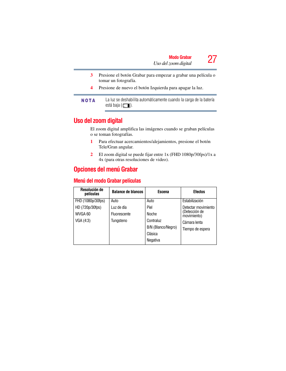 Uso del zoom digital, Opciones del menú grabar, Menú del modo grabar películas | Uso del zoom digital opciones del menú grabar | Toshiba Camileo S20 User Manual | Page 96 / 138